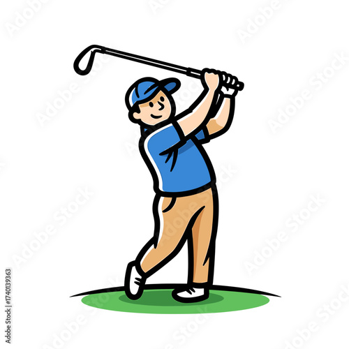 Cartoon illustration of a man swinging a golf club during a game, wearing a cap and blue shirt.