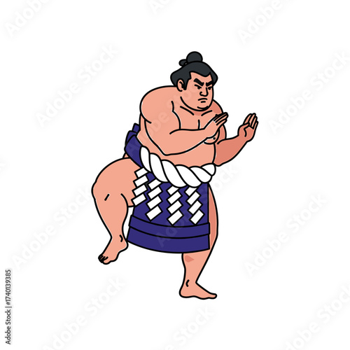 A cartoon illustration of a sumo wrestler in a blue mawashi, poised for a match, with a serious expression.