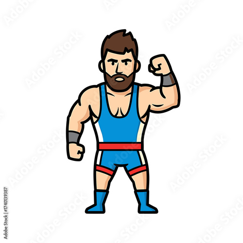 Cartoon wrestler with beard flexing his bicep in a blue and red wrestling singlet.