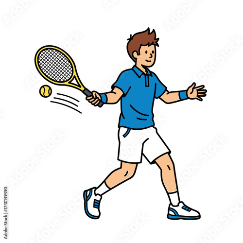 A cartoon depiction of a young person playing tennis, swinging the racket to hit the ball.