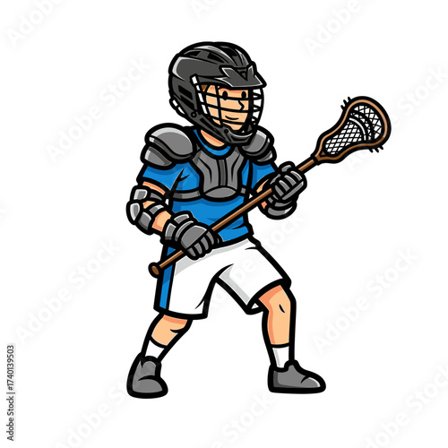 A cartoon illustration of a lacrosse player in protective gear, holding a stick.