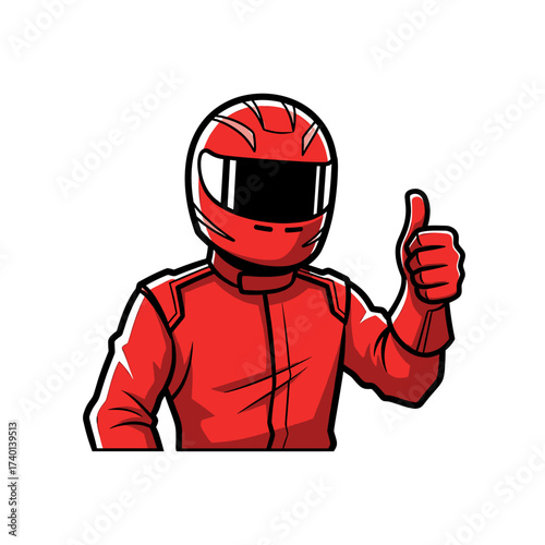 A cartoon illustration of a race car driver in a red suit giving a thumbs up.