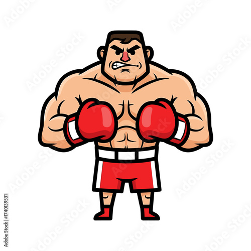 Cartoon illustration of a muscular boxer with red gloves and shorts, looking angry and ready to fight.