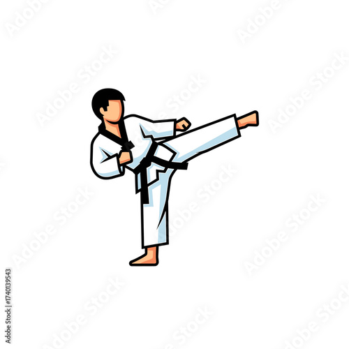Illustration of a man in a white uniform performing a martial arts kick.