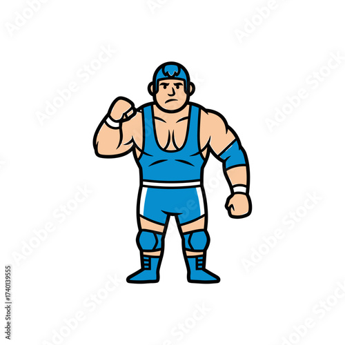 A cartoon illustration of a muscular wrestler in a blue outfit, flexing.