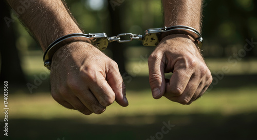Caucasian male hands in handcuffs outdoors depicting arrest or detention