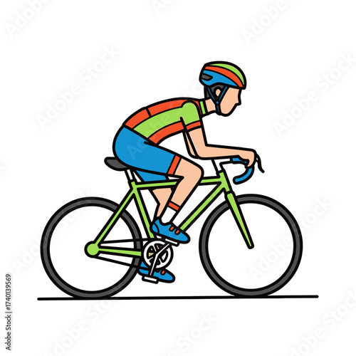 A cyclist in colorful gear is riding a bicycle with a determined posture.
