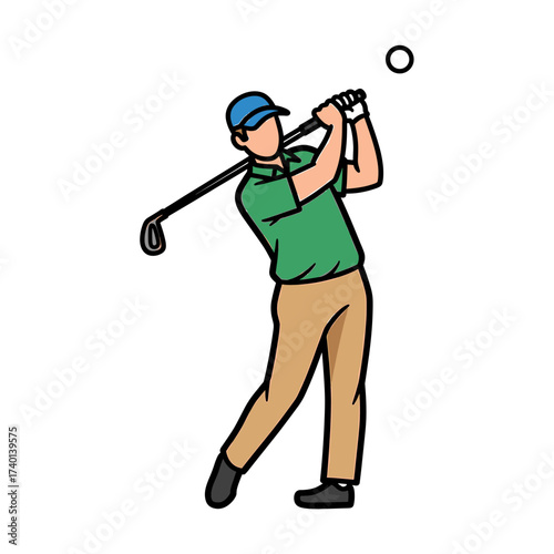A golfer wearing a hat and gloves swings a golf club at a ball, follow-through motion.