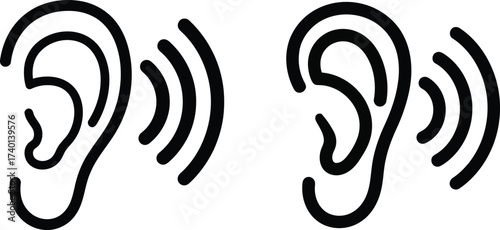 Two black ear icons with sound waves on white background Keywords: ear, hearing, sound, audio, listening, sound waves, signal