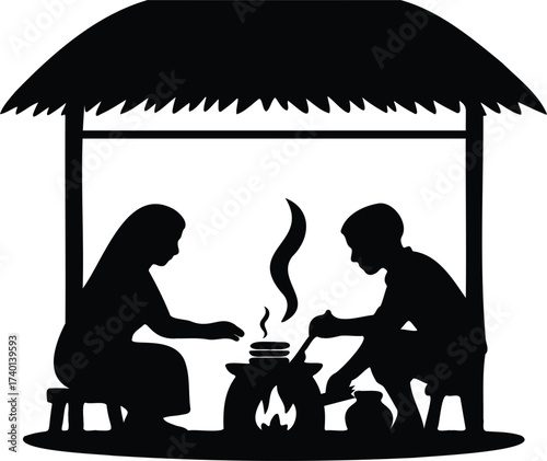 Silhouette of two people cooking outdoors under a thatched roof, one stirring a pot over a fire, symbolizing traditional life, community, and sustenance, isolated on transparent 
