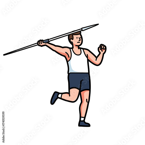 Cartoon illustration of a male athlete throwing a javelin during a competition.