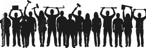 Silhouettes of workers holding tools, hammers, wrenches, saws, hard hats, vector illustration for labor, unity, construction, teamwork, design