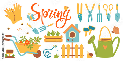 Colorful spring gardening elements vector set with tools and decorations including gloves wheelbarrow crates birdhouse watering can hose plant dividers and seasonal accessories