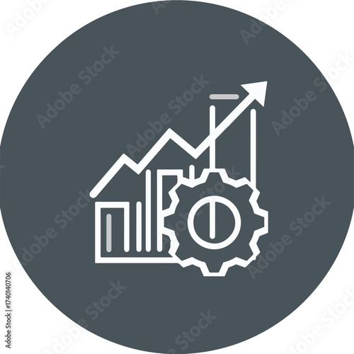 White line art icon of a bar graph with an upward trending line and a gear symbol on a dark gray circular background Keywords: business, growth, chart, graph, arrow, up, upward, trend, gear