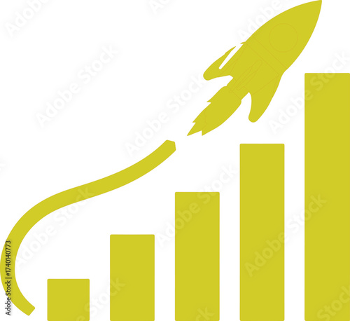 Yellow silhouette of a rocket launching upwards with a flame trail over a rising bar graph on a white background
