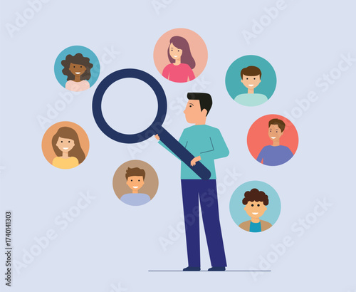 Recruitment and hiring process, employee selection, talent acquisition, HR management, candidate search with magnifying glass, business people