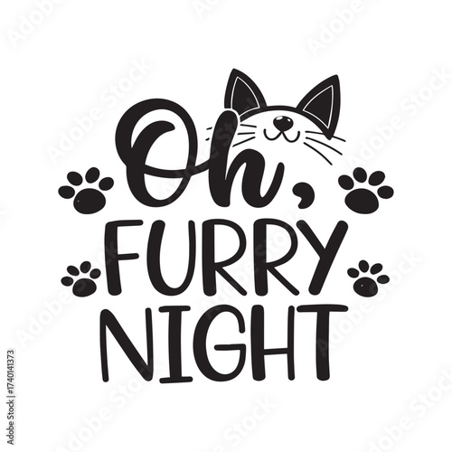 Oh furry night text with cat and paw prints isolated on white background