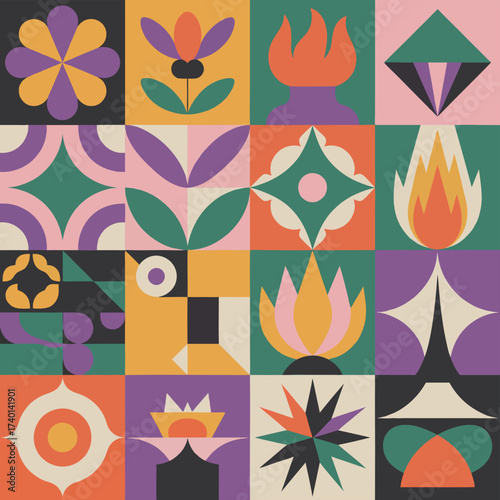 Geometric floral pattern with vibrant colors and retro style.