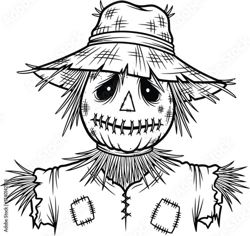 Black and white drawing of a sad halloween scarecrow