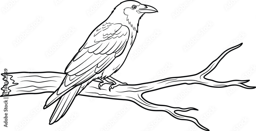 Obraz premium Line art drawing of a raven perched on a bare branch
