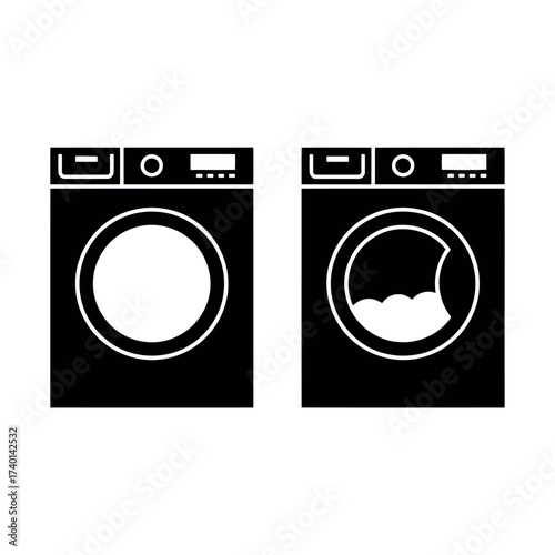 Black and White Icons of Washing Machines One Closed and One Open with Clothes laundry appliance