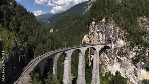 Aerial shot of landwasser viaduct on the rhaetian railway line