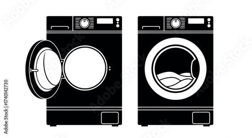 Black and White Icons of Washing Machines One Open One Closed laundry appliance