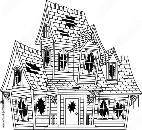 Spooky haunted house with broken windows and spiderwebs art