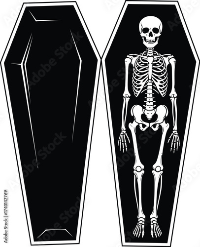 Skeleton rests in a coffin next to an empty open coffin