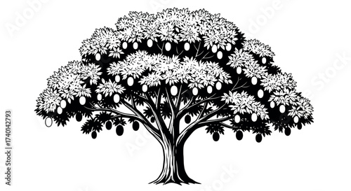 Black and white illustration of a fruit tree with many fruits and dense foliage on a white background