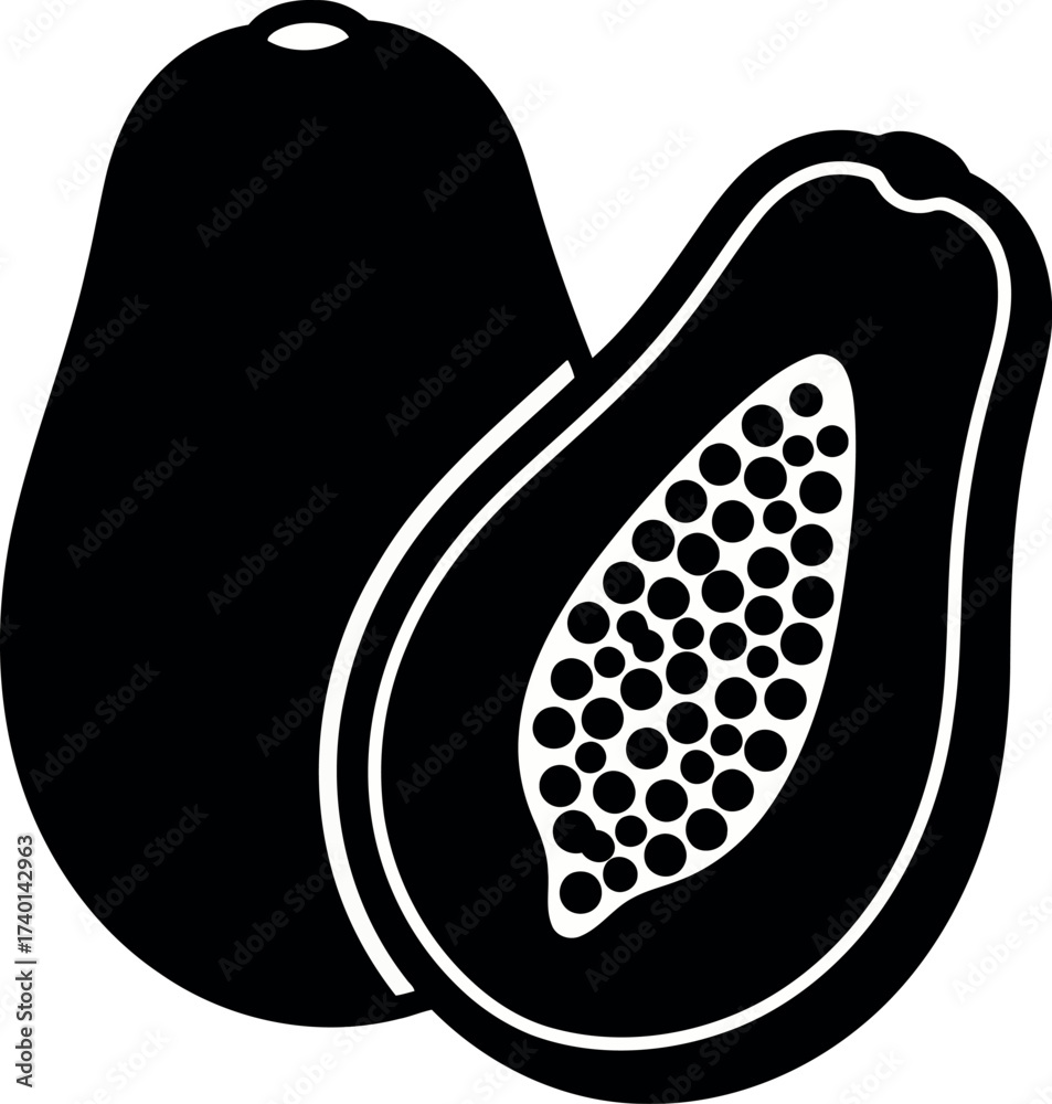Fototapeta premium Black Silhouette Of A Whole Papaya And A Halved Papaya On White Background fruit tropical