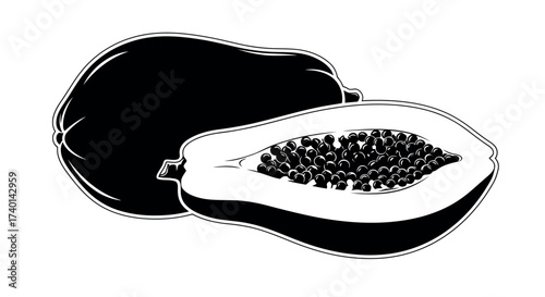 Black Silhouette of a Whole Papaya and a Halved Papaya on a White Background fruit tropical fruit