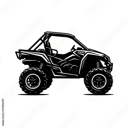 Black Silhouette of an All- Terrain Vehicle ( ATV) or UTV on White Background side by side off road
