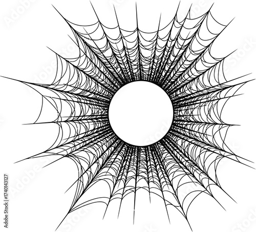 Spiderweb with a circular opening on a white background