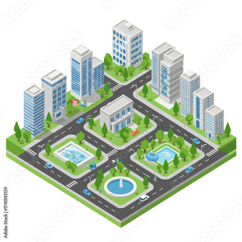 Isometric modern city block with contemporary buildings, green parks, fountains, and roads, symbolizing urban development and thoughtful community planning