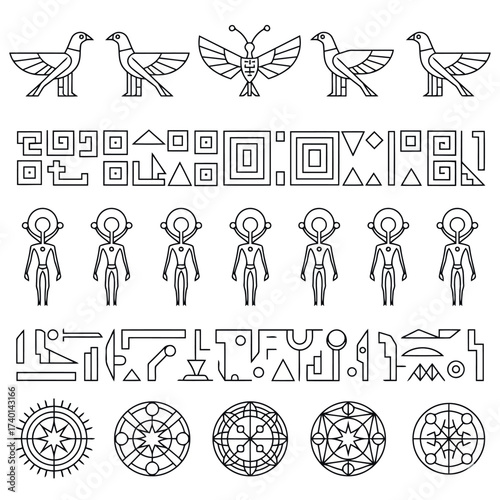 Collection of ancient Egyptian-inspired line art symbols including birds hieroglyphs figures and celestial designs