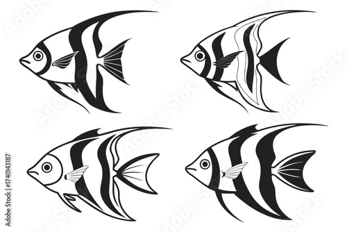 Eight minimalist angelfish icons in black and color