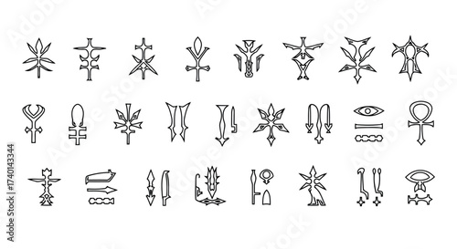 Collection of Esoteric Symbols and Glyphs in Outline on White Background sign icon