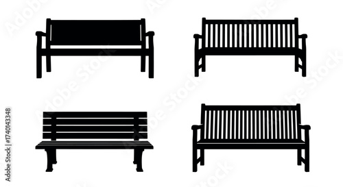 Collection of Four Black Silhouette Park Benches on White Background outdoor seating