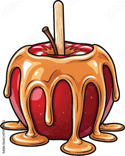 Delicious caramel apple with a stick on a white background