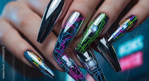 Futuristic Nail Art Cyberpunk-Inspired Designs with Circuit Board Graphics and Metallic Accents