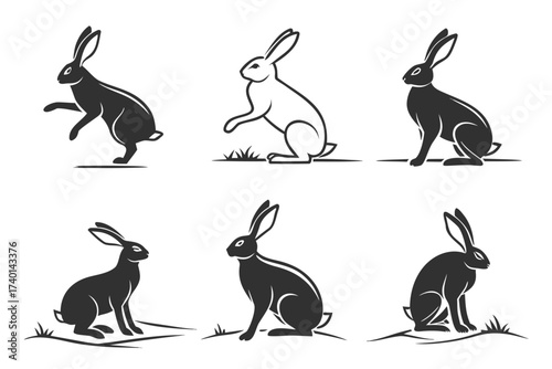 Minimalist arctic hare silhouette icon set in black and yellow