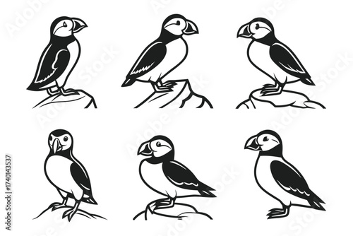 Minimalist atlantic puffin icon set for design projects