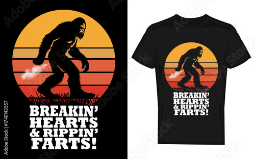 Funny bigfoot sasquatch silhouette breaking hearts and ripping farts with a sun graphic perfect for humorous t shirts and novelty items