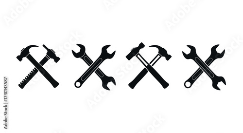 Crossed Hammer and Wrench Icons in a Row on White Background Keywords: hammer, wrench, tools, construction, repair, DIY, mechanics, hardware, equipment, building, industry, work, toolset, crossed