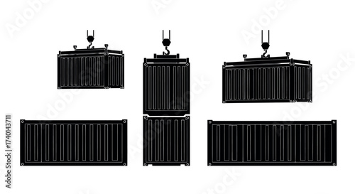Five Black Silhouettes of Shipping Containers in Different Orientations cargo container freight