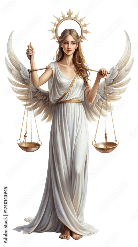 Obraz premium Mystical, Elegant and celestial Libra Zodiac Sign Goddess with Scales of Justice and Astrological Elements, Line art and Silhouette illustration