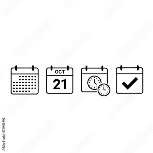 Four calendar icons with different symbols including dots a date a month and clocks Keywords: calendar, icon, date, day, month, year, schedule, planning, event, appointment, reminder, time, clock