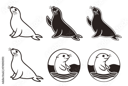 Minimalist baby seal waving icon set