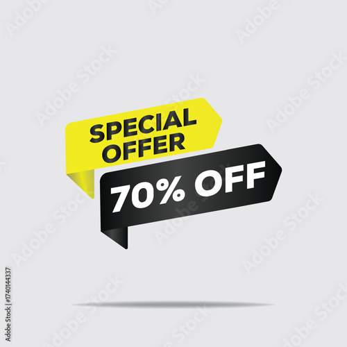 "3D yellow and black special offer banner, 70% off discount, modern minimalist geometric design, stylized high-quality digital art"